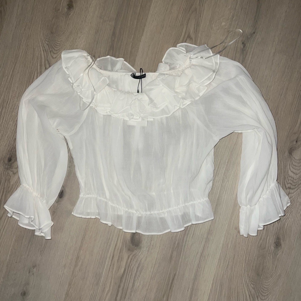 Zara White Ruffle Blouse XL | Long Sleeve Cotton Romantic Top NWT - Picture 12 of 15
